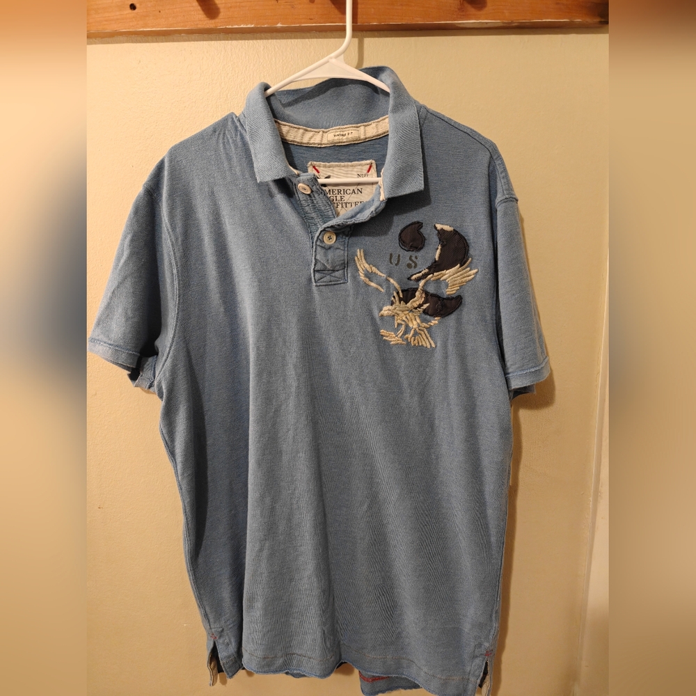 American Eagle Men's XL Vintage Y2K Polo Shirt Military Eagle Graphic